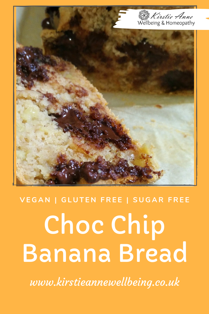 Pinterest graphic for vegan, gluten free chocolate chip banana bread recipe by Kirstie Anne Wellbeing