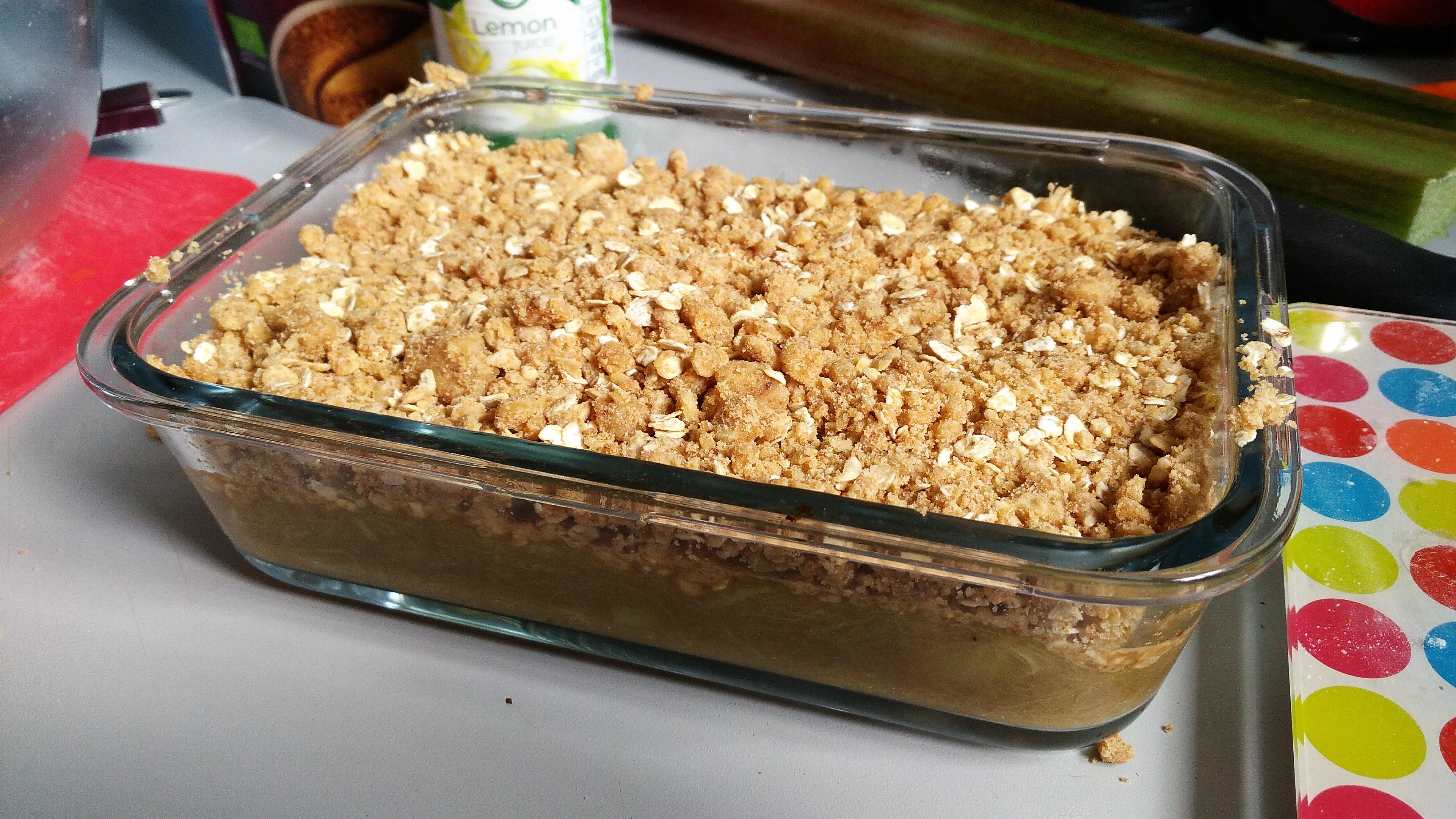 gluten free vegan rhubarb and ginger crumble ready for the oven