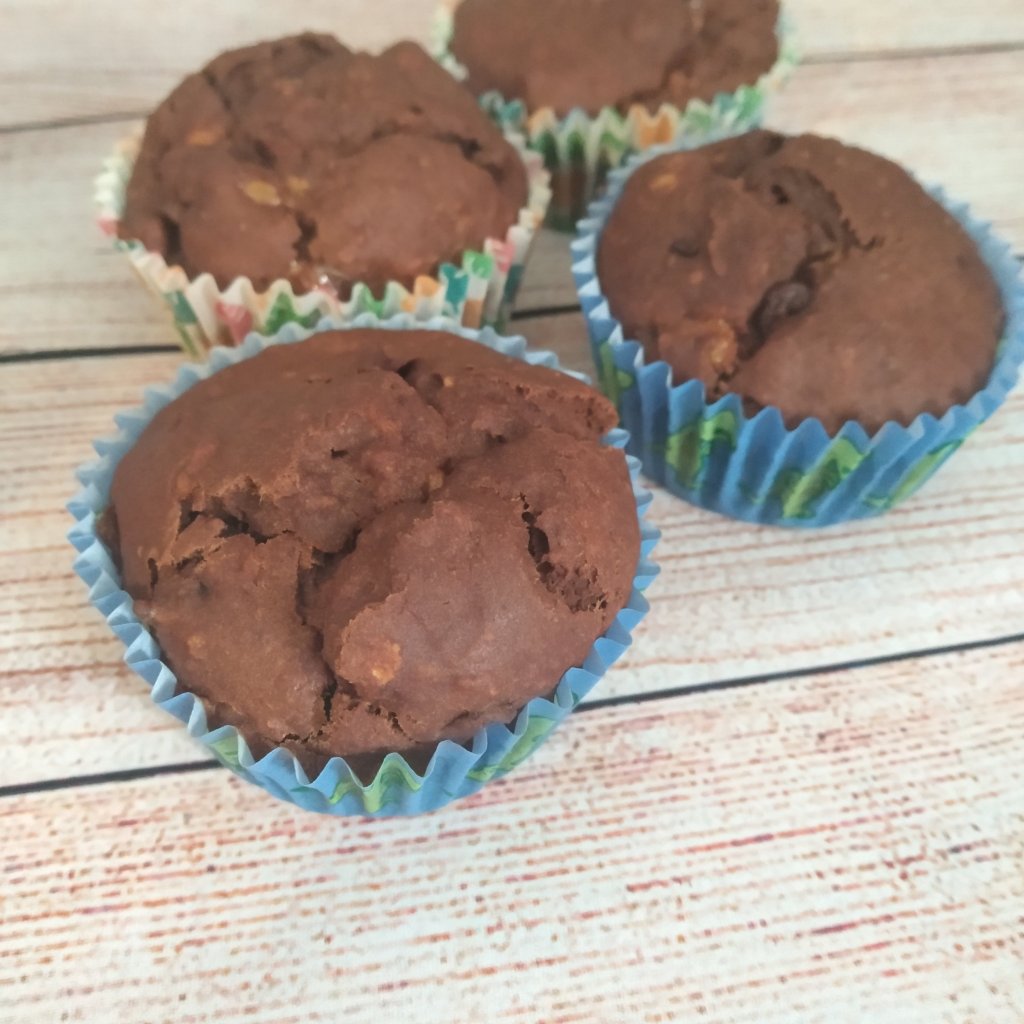 vegan plant based double chocolate banana muffins on a table