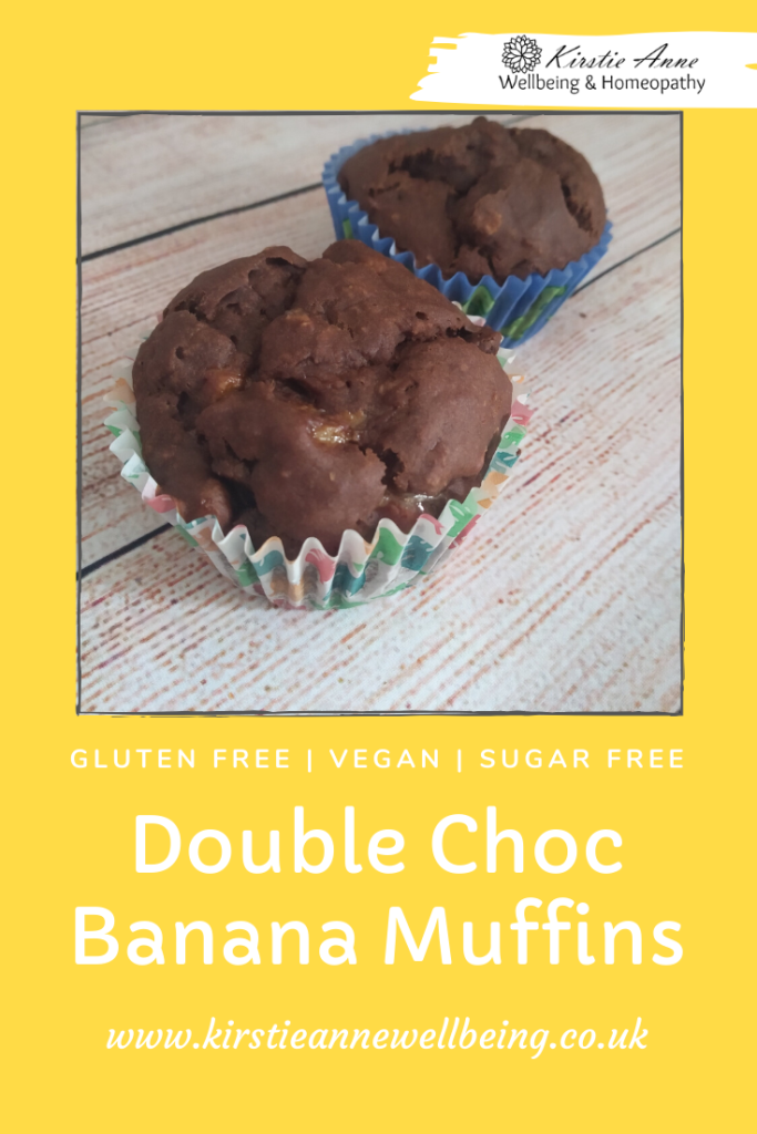 Easy, healthy double chocolate banana muffin recipe by Kirstie Anne Wellbeing Pinterest Pin. Gluten free, vegan, dairy free, sugar free, allergy friendly