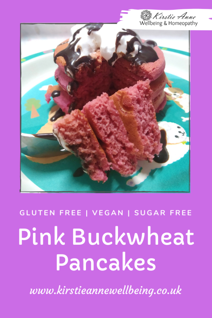 Pink buckwheat pancakes gluten free vegan sugar free recipe by Kirstie Anne Wellbeing. Pinterest pin
