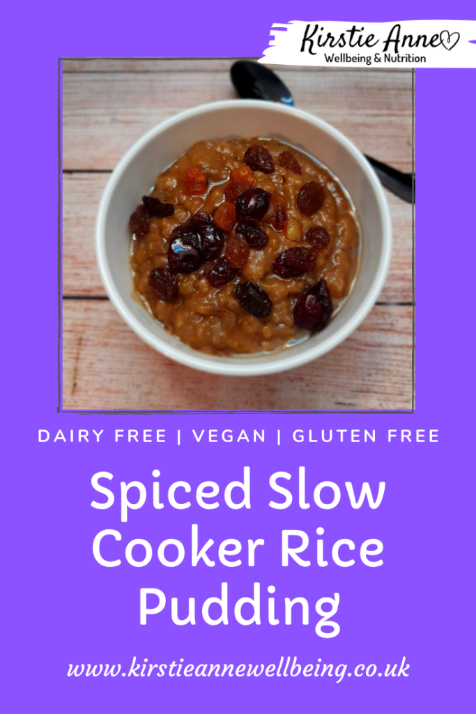 Slow cooker spiced rice pudding pinterest pin. Recipe by kirstie anne wellbeing