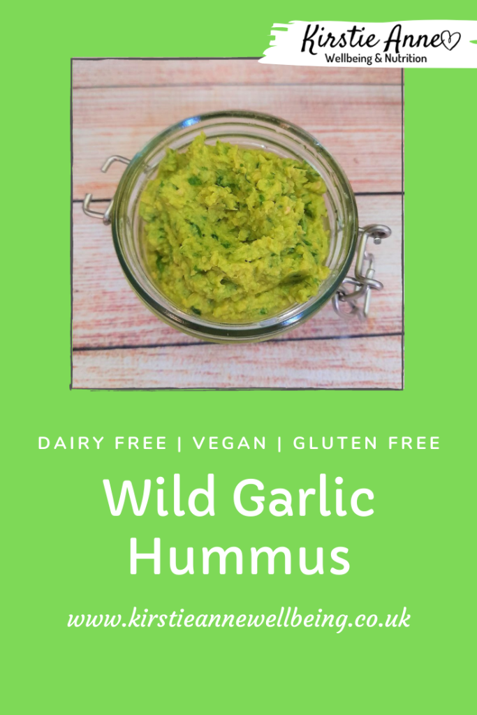 wild garlic hummus recipe pinterest pin vegan gluten free dairy free. plant based recipe by Kirstie Anne Wellbeing & Nutrition.